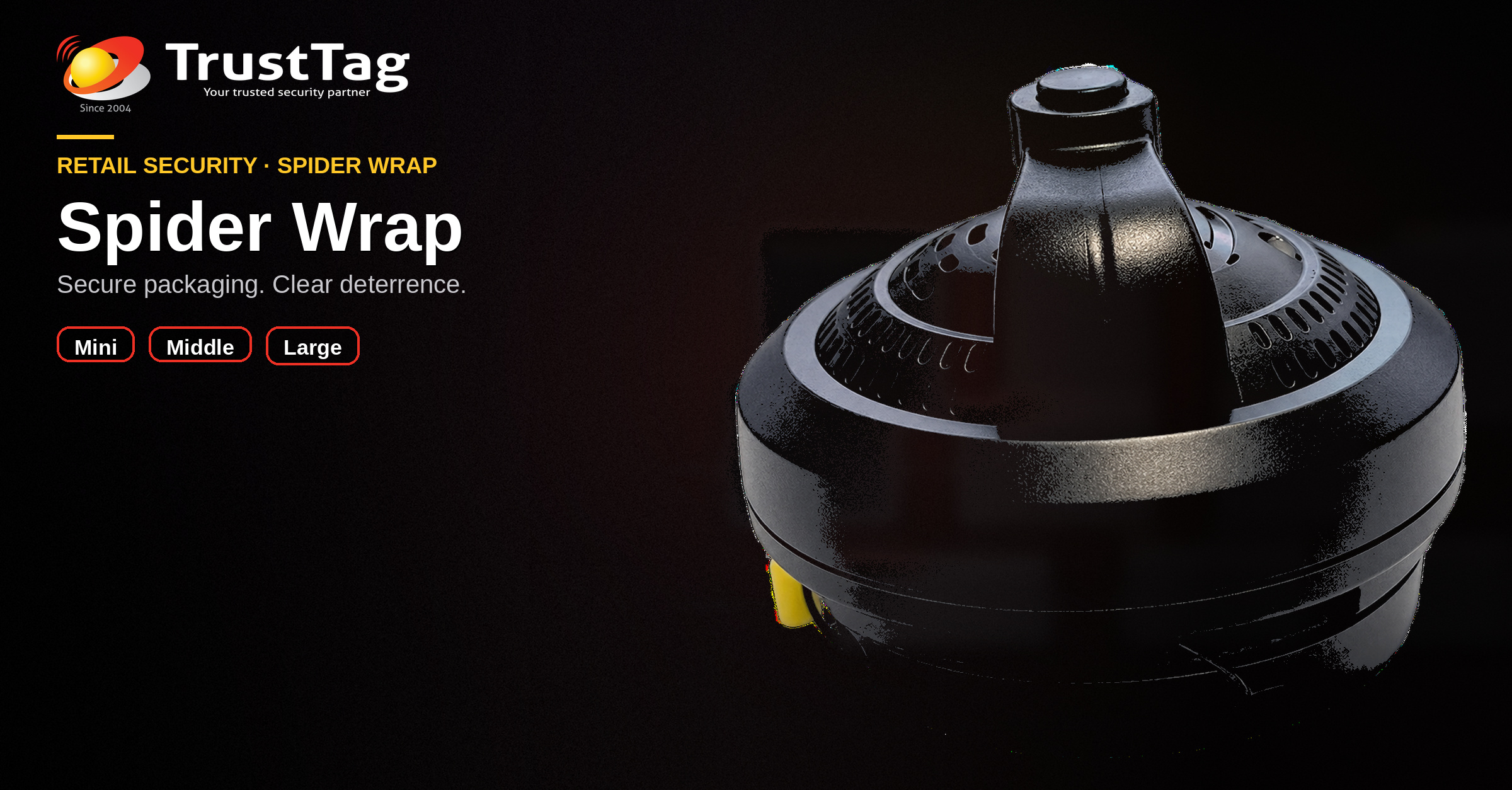 TrustTag spider wrap for boxed retail merchandise — Mini, Middle and Large with 2-Alarm and 3-Alarm options
