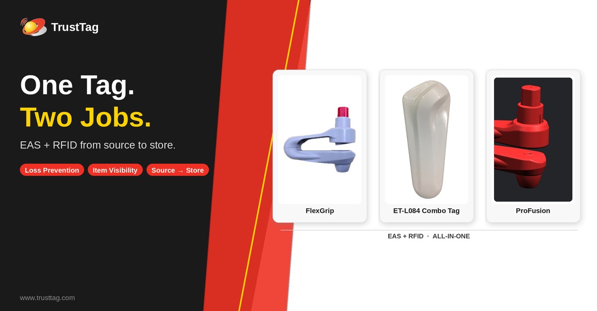 One Tag. Two Jobs. TrustTag EAS + RFID tags: FlexGrip, ET-L084 Combo Tag and ProFusion
